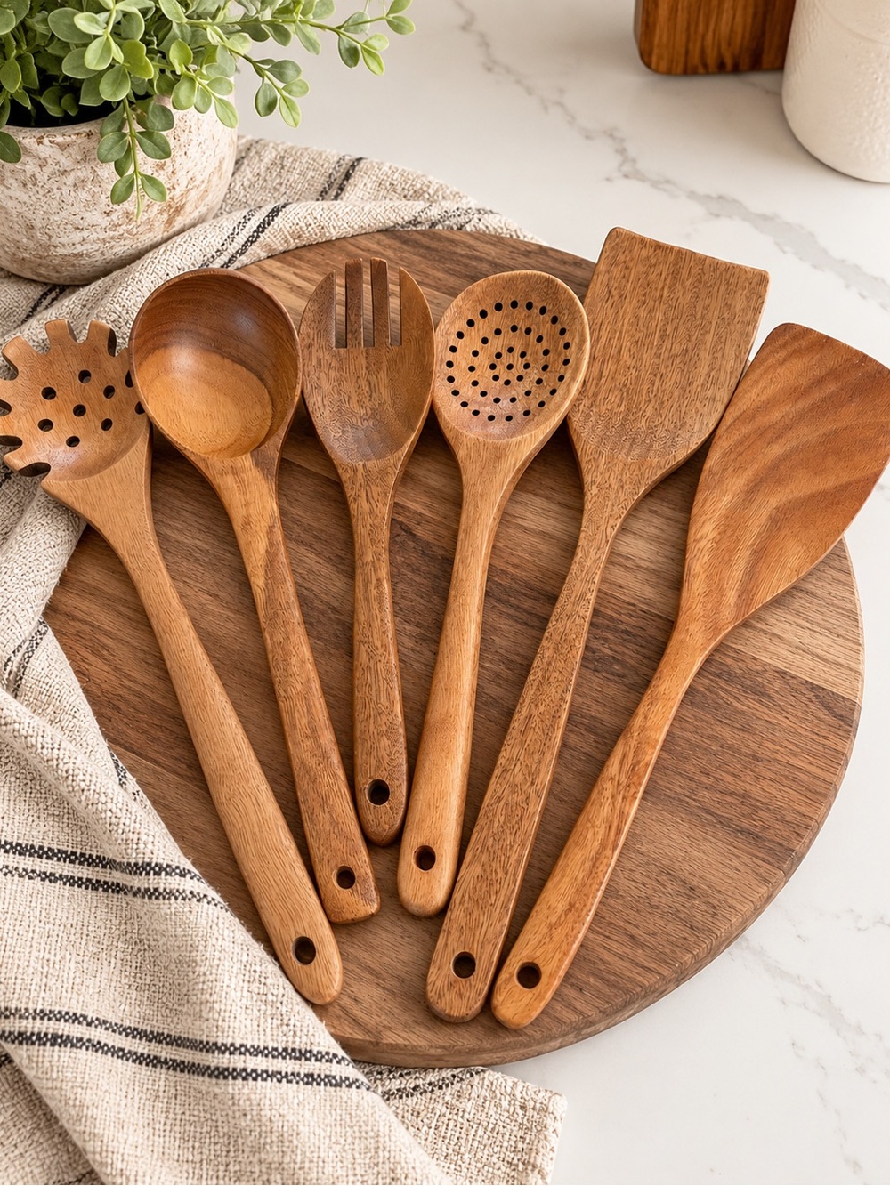 6pc Natural Wood Kitchen Utensil Set Rustic Farmhouse Boho Kitchen Decor